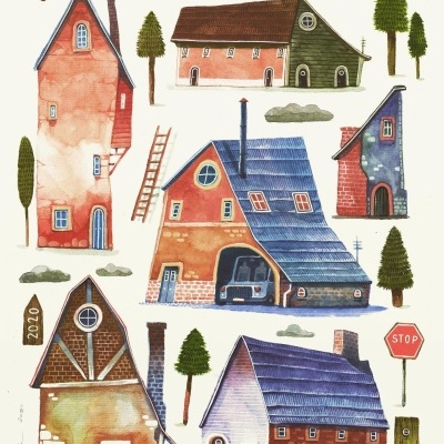 Desenho aquarelado de casas coloridas, árvores e sinais de trânsito