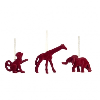 Ornamentos de animais em veludo vermelho com correntes douradas para pendurar