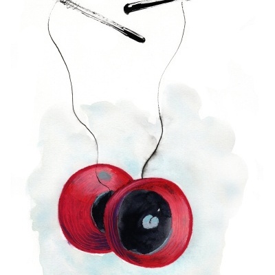 Ilustração de ioiôs vermelhos com centro preto suspensos por fios finos