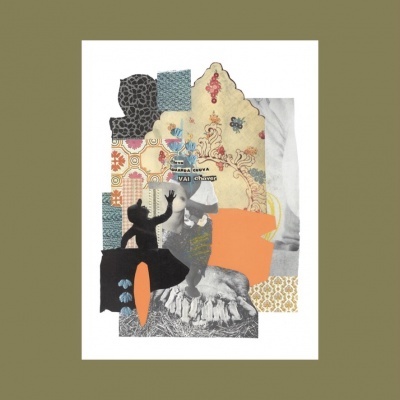 Colagem artística colorida com padrões, figuras humanas e texto em português