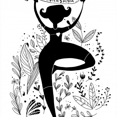 Desenho preto e branco de figura feminina em pose de yoga com texto VRISHASANA