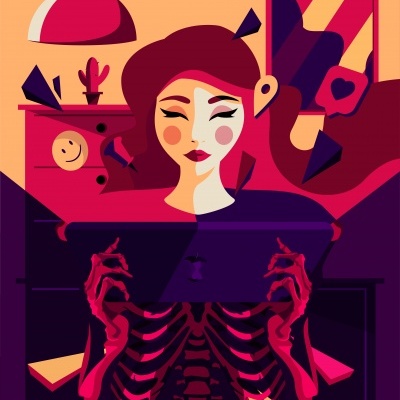 Ilustração de mulher segurando tablet com esqueleto visível no corpo, em ambiente com mobiliário vermelho.