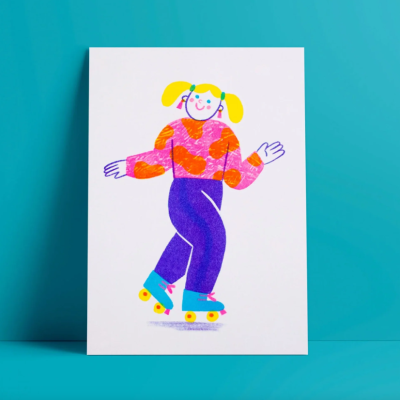 Cartaz com ilustração de pessoa em patins sobre fundo azul