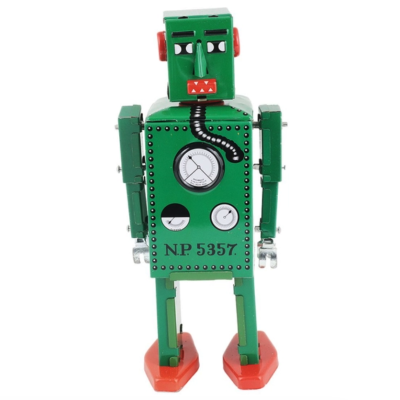 Robô de brinquedo metálico verde com pés vermelhos e mostradores frontais