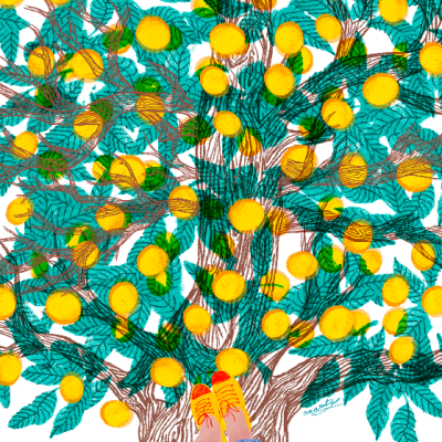 Ilustração de uma árvore com frutos amarelos e pernas humanas calçando sapatos amarelos