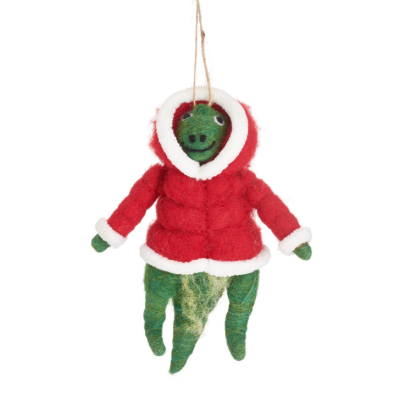 Enfeite pendente de Natal em feltro com figura verde e casaco vermelho e branco