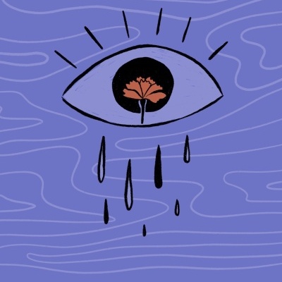 Desenho de olho com flor no centro e lágrimas num fundo roxo com linhas onduladas