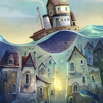 Ilustração fantasia cidade submersa com barco-casa flutuante em tons azuis e castanhos