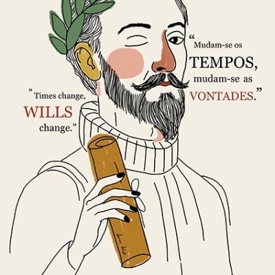 Ilustração de Luís Vaz de Camões com coroa de folhas e pergaminho