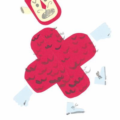 Figura em papel recortado e desenhado com corpo vermelho e cabeça quadrada