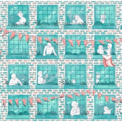 Ilustração de fachada de edifício azul com janelas e pessoas visíveis nas janelas