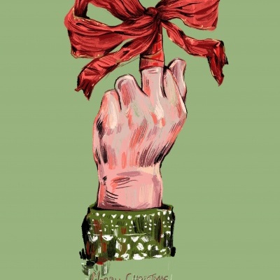 Ilustração de mão com laço vermelho no dedo médio sobre fundo verde