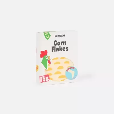 Caixa branca de cereais Corn Flakes com galo e flocos de milho