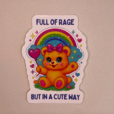 Autocolante de urso amarelo com laço cor-de-rosa e balão em forma de coração com arco-íris ao fundo com texto em inglês