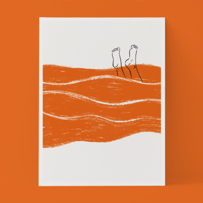 Cartaz branco com padrão de ondas laranja e desenho de pés acima das ondas