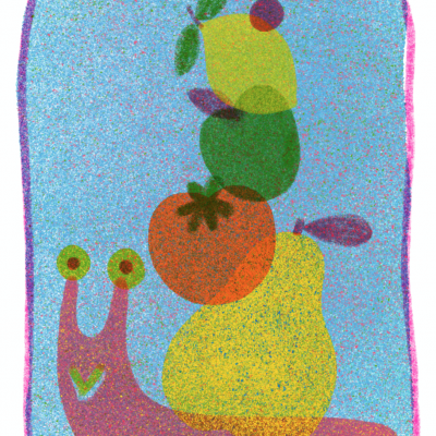 Ilustração colorida de um caracol com frutas empilhadas nas costas sobre fundo azul.