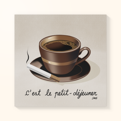 Chávena castanha com café e cigarro em pires castanho sobre fundo bege com texto em francês.