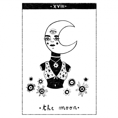 Ilustração monocromática de figura com cabeça de lua crescente e flores com texto 'the moon'