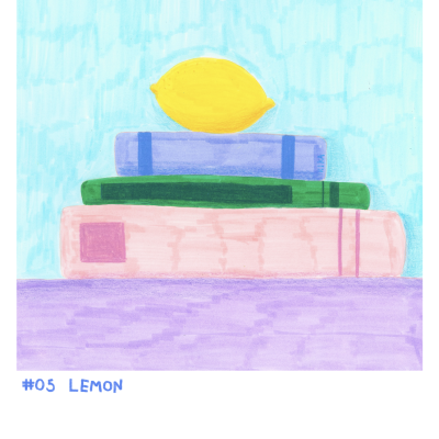 Desenho de livros empilhados com um limão em cima e texto '#05 LEMON'