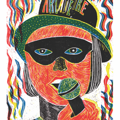 Ilustração colorida de pessoa com máscara e chapéu com texto Arcade Fire