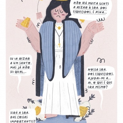 Ilustração de mulher com coroa amarela e roupa azul e branca rodeada por texto em balões de diálogo