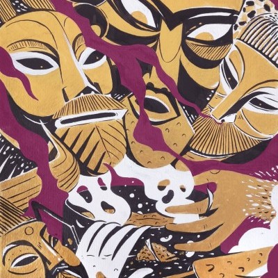 pano com padrão colorido de máscaras estilizadas em tons amarelo, preto, branco e vinagre