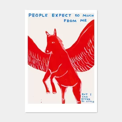 Ilustração de cavalo vermelho com asas vermelhas e texto azul em fundo bege