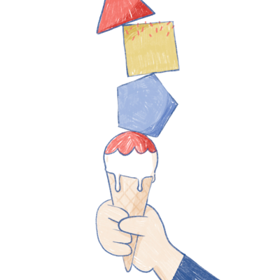 Mão a segurar um gelado em cone com formas geométricas coloridas acima