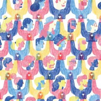 Ilustração colorida de figuras humanas estilizadas com mãos levantadas e corações brancos