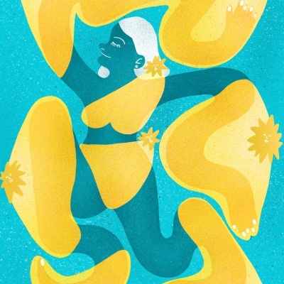 Ilustração abstrata colorida de figura humana e formas amarelas em fundo azul