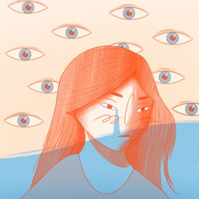 Ilustração de mulher com cabelo laranja e olhos desenhados no fundo