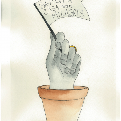 Ilustração de mão cinzenta num vaso de barro segurando bandeira branca com texto