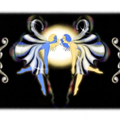 Ilustração de duas figuras femininas estilizadas com asas em fundo preto