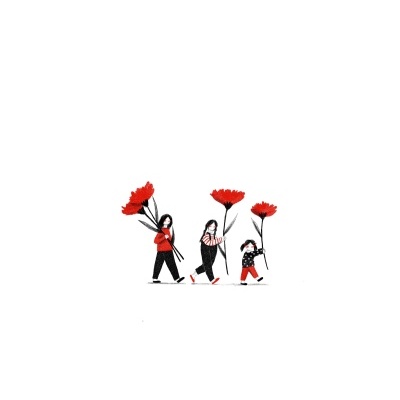 Ilustração família com flores vermelhas grandes