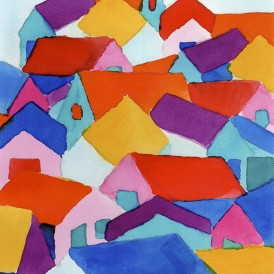 Aquarela de casas coloridas com telhados vermelhos e paredes azuis e rosas.
