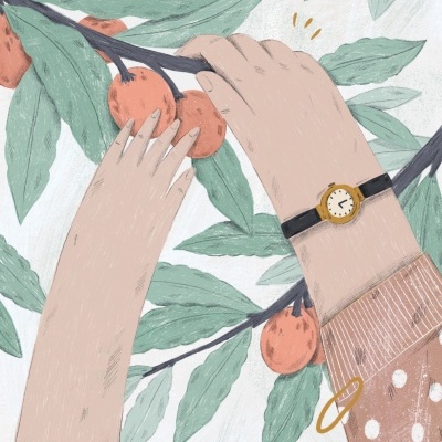 Ilustração de braços tirando laranjas de um ramo com relógio e manga com bolinhas