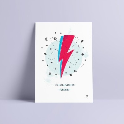 Cartaz branco com símbolo de raio azul e rosa e texto 'THE JUNE WHEN I'M FOREVER'