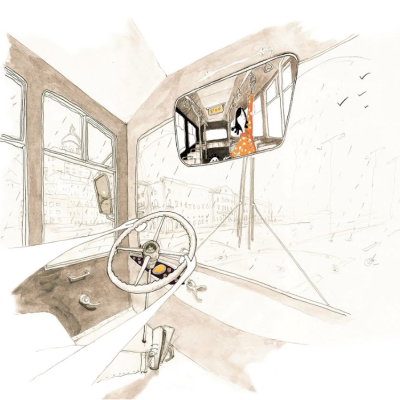 Interior de carro vintage com volante e espelho retrovisor refletindo figura feminina em vestido laranja