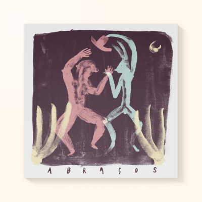 Ilustração com duas figuras humanas estilizadas a dançar, plantas amarelas e lua, palavra ABRAÇOS em baixo.