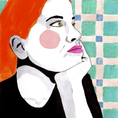 Ilustração estilizada de mulher com cabelo laranja e fundo quadriculado azul e bege