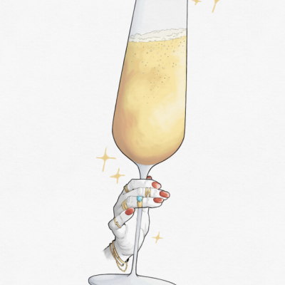 Ilustração de mão segurando taça de champanhe dourado