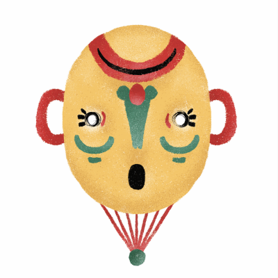 Máscara decorativa amarela com detalhes coloridos num fundo branco