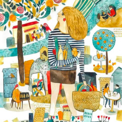 Ilustração de mulher com roupas riscas e cesta, em ambiente colorido com árvores e pessoas.