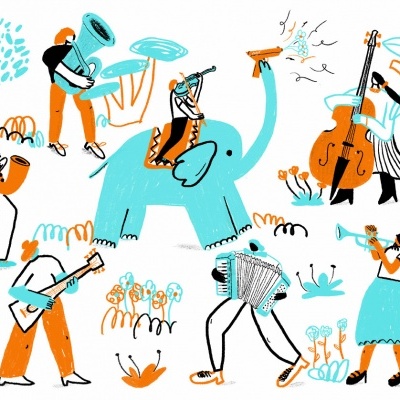 Ilustração de personagens a tocar instrumentos musicais ao ar livre com um elefante azul