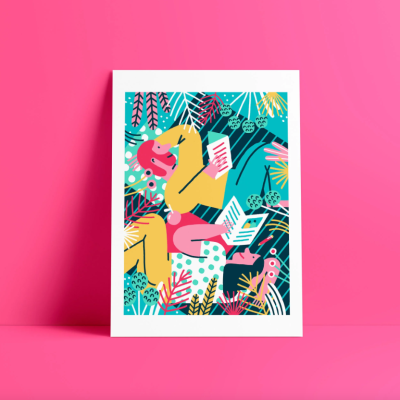 Quadro decorativo colorido com padrão abstrato de folhas e figuras humanas