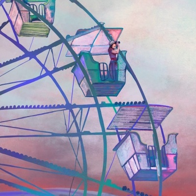 Roda gigante artística com cabines coloridas e fundo pastel