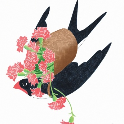 Ilustração de uma andorinha a carregar um cesto com flores rosa