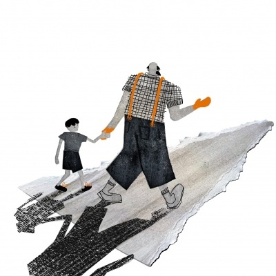 Ilustração de duas pessoas caminhando, uma adulta e uma criança, com sombras alongadas sobre um pedaço de papel rasgado