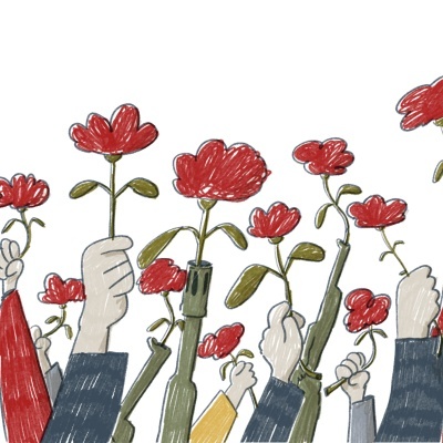 Mãos segurando flores vermelhas em ilustração colorida