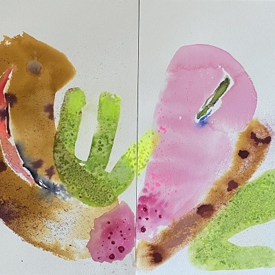 Pintura abstrata colorida com formas orgânicas em fundo branco